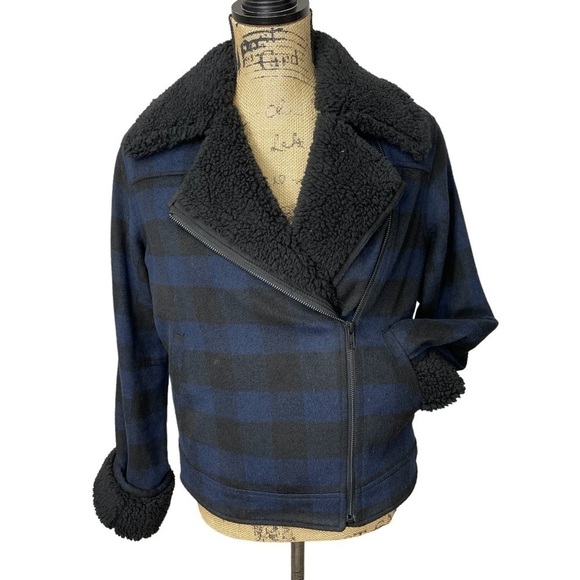 Treasure & Bond Nordstrom Check Jacket Faux Sherpa Navy and Black Size XS - Picture 5 of 12